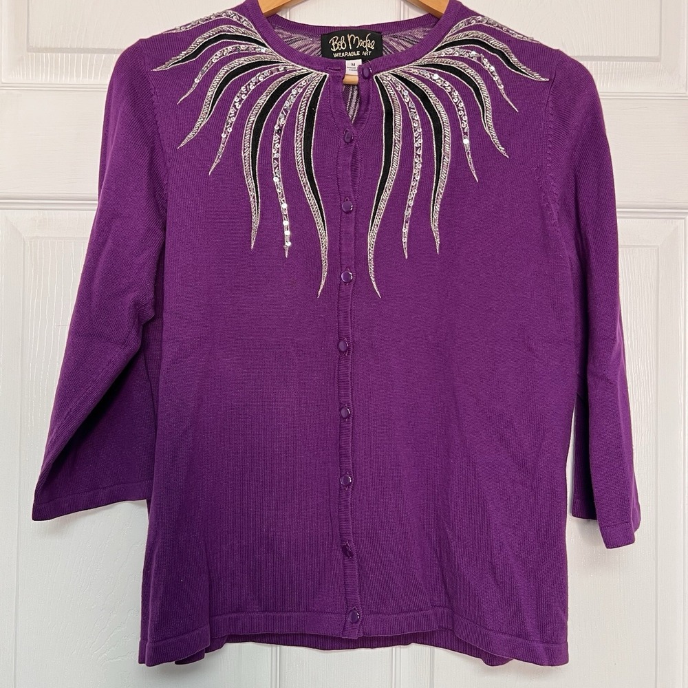 Vintage BOB MACKIE Womens Medium Purple Sequins Cardigan Wearable Art Retro 80's